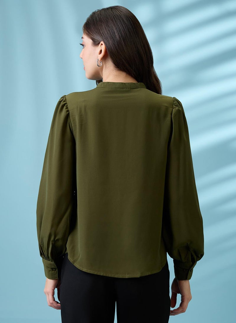 Globus Women Green Pleated Mandarin Collar Cuffed Sleeves Workwear Shirt - Image 4